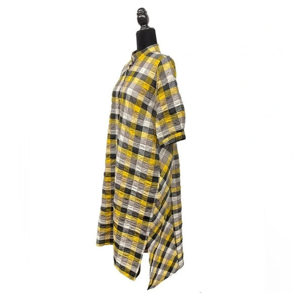 Gershon Bram Lagenlook Dress Yellow Gray Check High Low with pockets - Picture 1 of 12